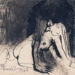 Drawng with a man and nude woman in Black and white