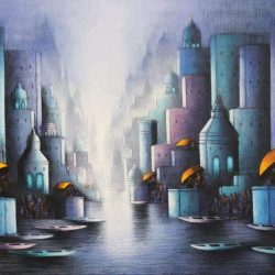 Somnath Bothe Holi Banaras Charcoal & Acrylic on Canvas 48 x 60 inches