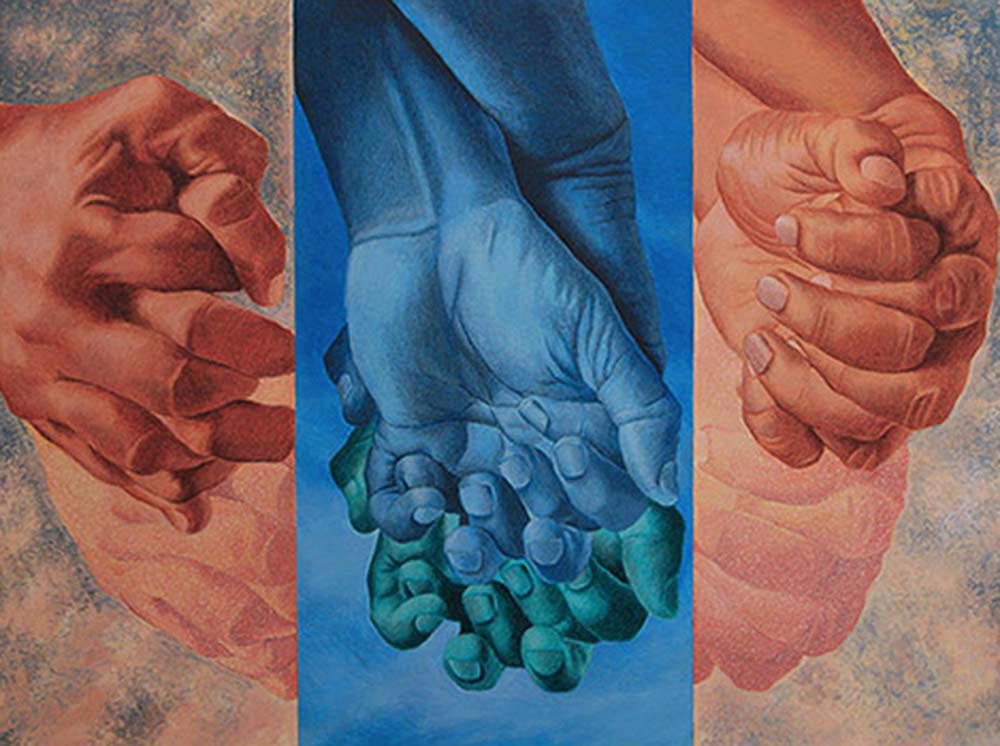 Clasped Hands,Figurative, Charcoal & Acrylic on Canvas, Blue, Green, Brown Color “In Stock”