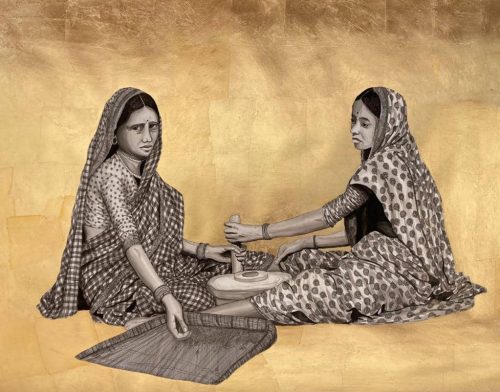 Kapil Anant Two Women Grinding at a Mill at Home (1873) Ink and Gold Foil on Canson Paper 45x60 inches 2021 | PRICE 150000/- NOW  85000/-
