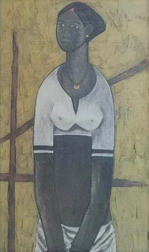 B. Prabha Fisher Woman Oil on Board 30x18 inches 1961