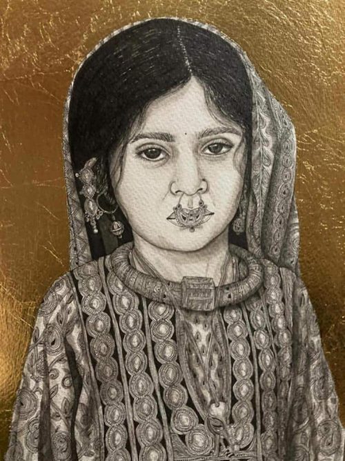 Kapil Anant Rajasthani Girl Ink Pen Gold Foil on Paper 8.3x11.8 inches 2021