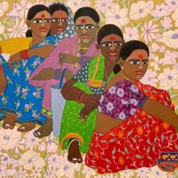Laxman Aeley Gossiping Acrylic on Canvas 48 x 72 inches 2021