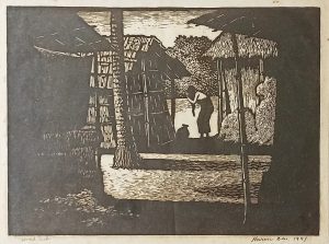 At the Pond, Figurative, Woodcut on Paper