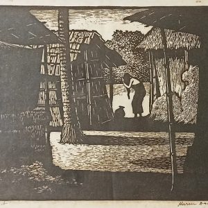 At the Pond, Figurative, Woodcut on Paper