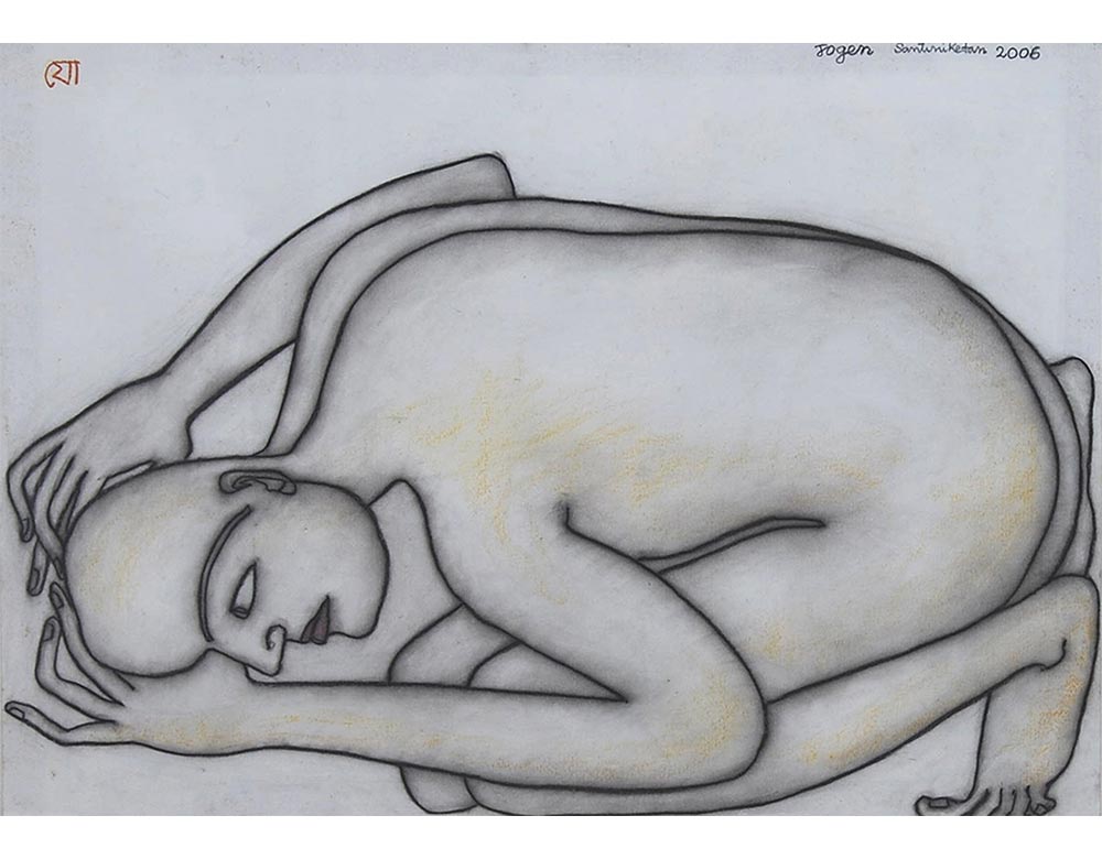 Jogen Chowdhury Man Kneeling on the Floor Dry Pastel on Paper 19 x 28 inches 2006