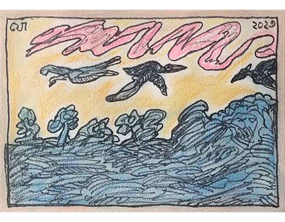 Jogen Chowdhury Landscape Felt Pen with Pastel on Paper 8.5 x 11.5 inches 2023