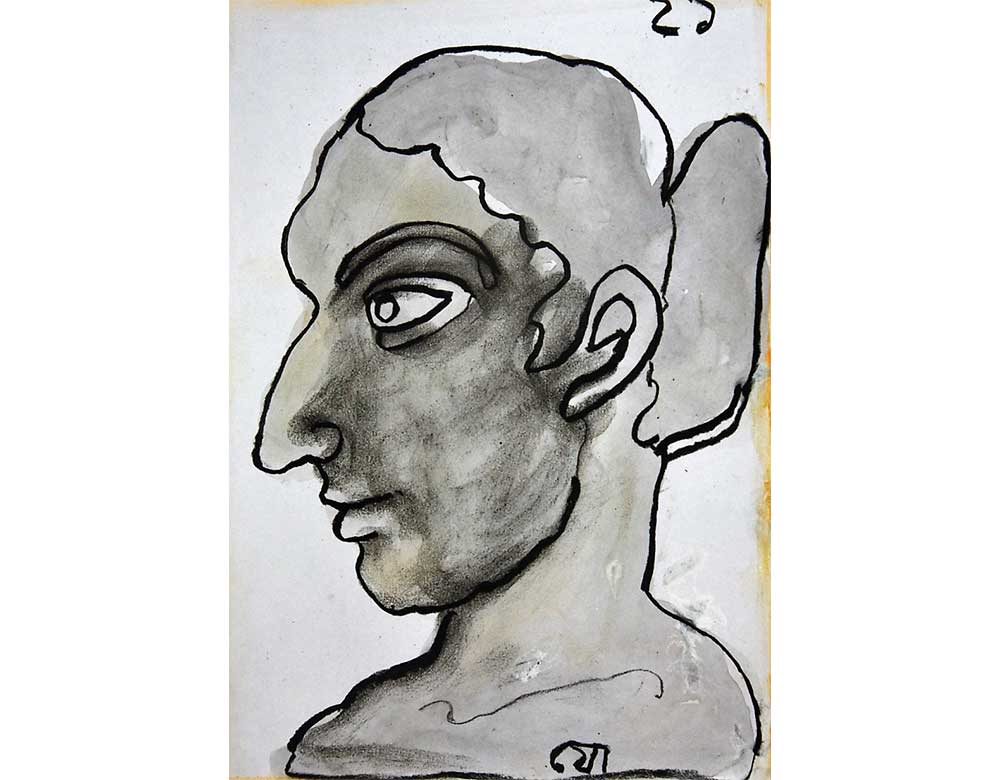 Jogen Chowdhury Face Coloured Dry Pastel Charcoal Wash on Paper 10 x 8 inches 2021
