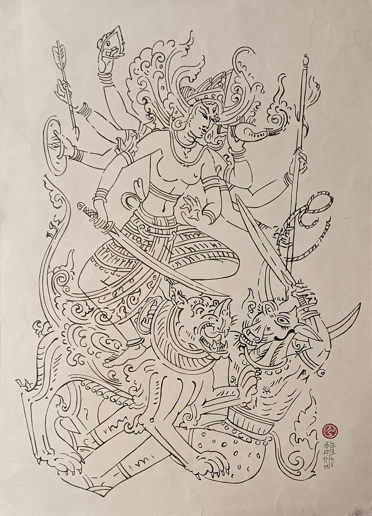 E. Kumaril Swamy, Mahishasur Mardini, Watercolour on Nepali Paper, 22 x 15 Inches, 1945