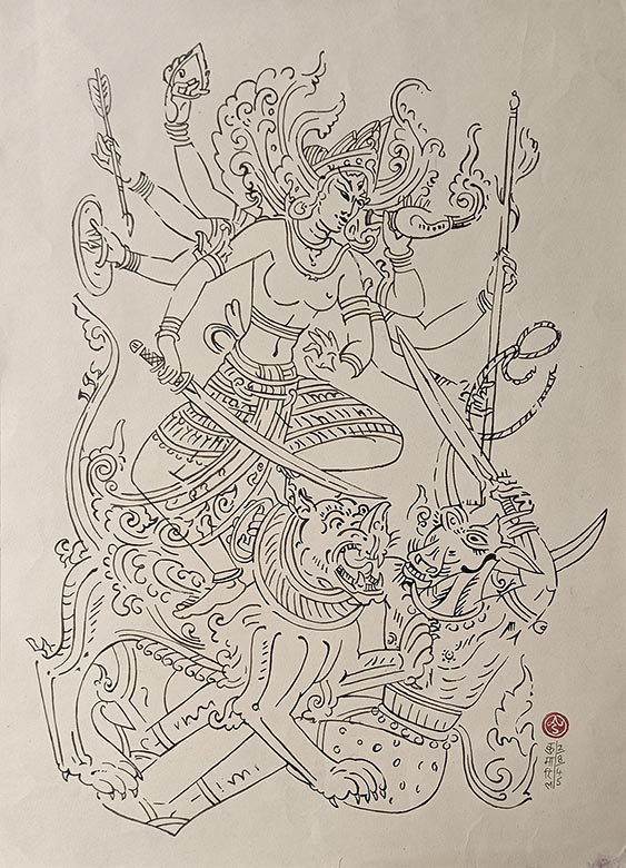 E. Kumaril Swamy, Mahishasur Mardini, Watercolour on Nepali Paper, 22 x 15 Inches, 1945