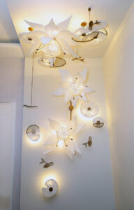 Tamara (Spatial Wall to Ceiling Edition) Textile, Paper Clay, Hand-formed Steel, Metal Mesh Size on wall : H 60 x W 36 x D 15 inches, Size on ceiling : H 26 x W 60 x D 48 inches