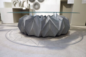 Constellation Coffee Table  |  Cast Concrete, Etched Glass Top  |  H 18 x Base Dia 48 inches  |  Glass Dia 60 inches  |  2026