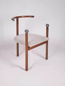 Swarna Rekha (Koftgiri Chair) | Three-legged statement chair in wood and metal featuring Rajasthani Koftgiri silver inlays and ball-topped arms | Wood | H 32 x W 24 x D 22 inches