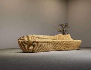 The Golden Arc Bench | Wood & Brass | H 24 x W 93 × D 22 inches