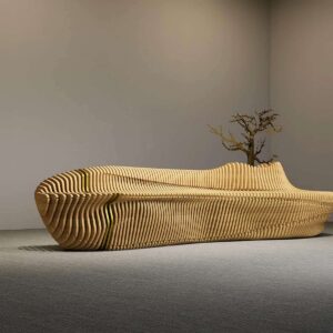 The Golden Arc Bench | Wood & Brass | H 24 x W 93 × D 22 inches