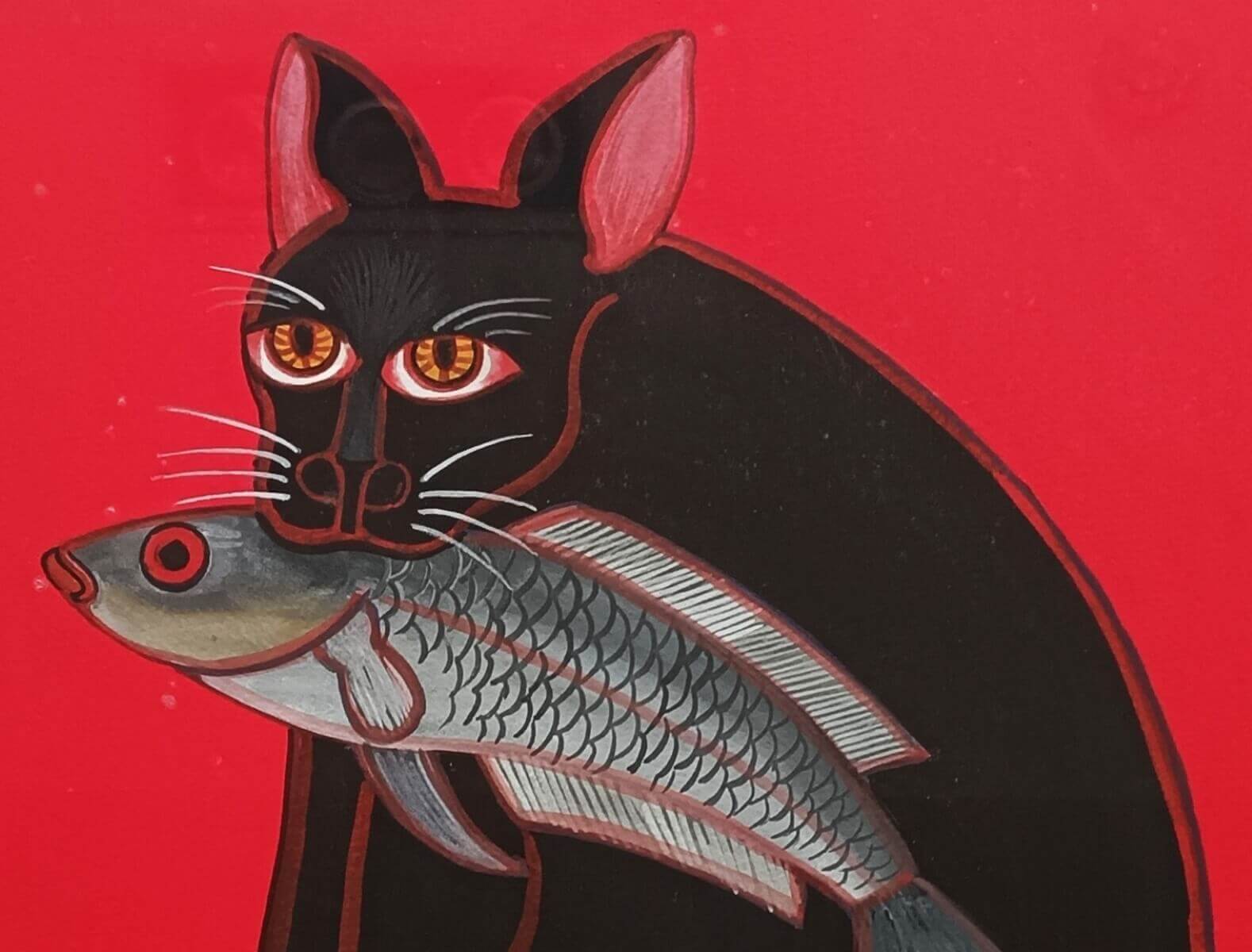 Lalu Prasad Shaw, Cat Eating Fish, Tempera on Board, 21.9 x 15 inches, 2020