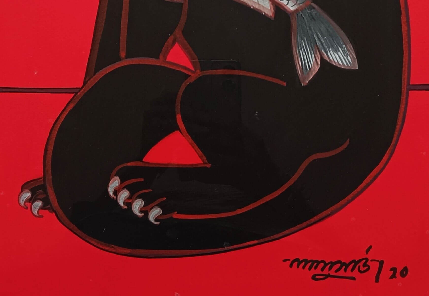 Lalu Prasad Shaw, Cat Eating Fish, Tempera on Board, 21.9 x 15 inches, 2020