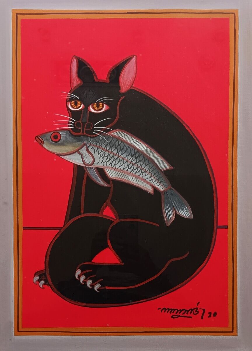Lalu Prasad Shaw, Cat Eating Fish, Tempera on Board, 21.9 x 15 inches, 2020