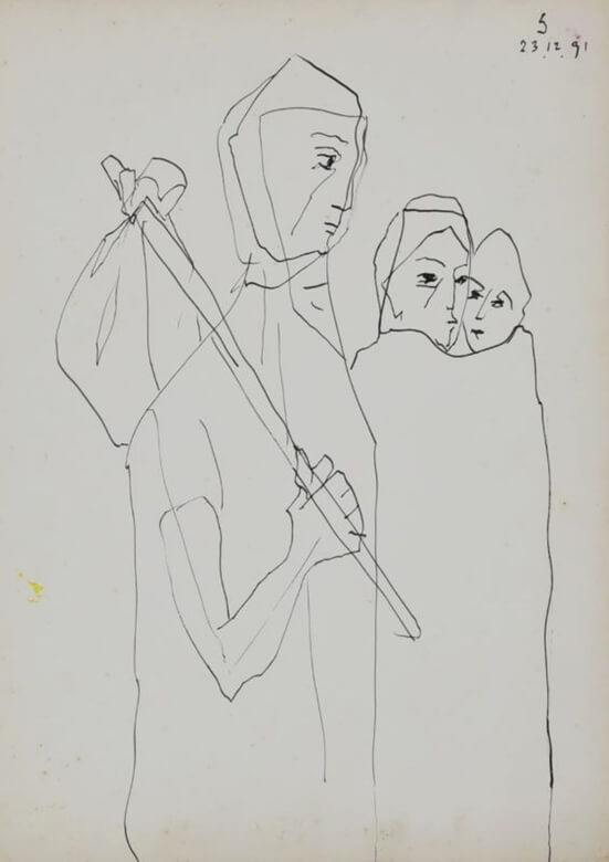 Somnath Hore Family Pen & Ink on Paper 13.6 x 10 inches 1991