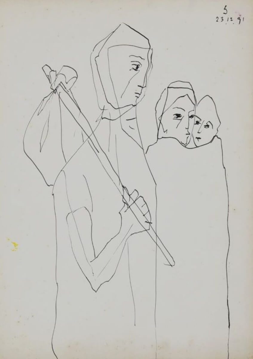 Somnath Hore Family Pen & Ink on Paper 13.6 x 10 inches 1991