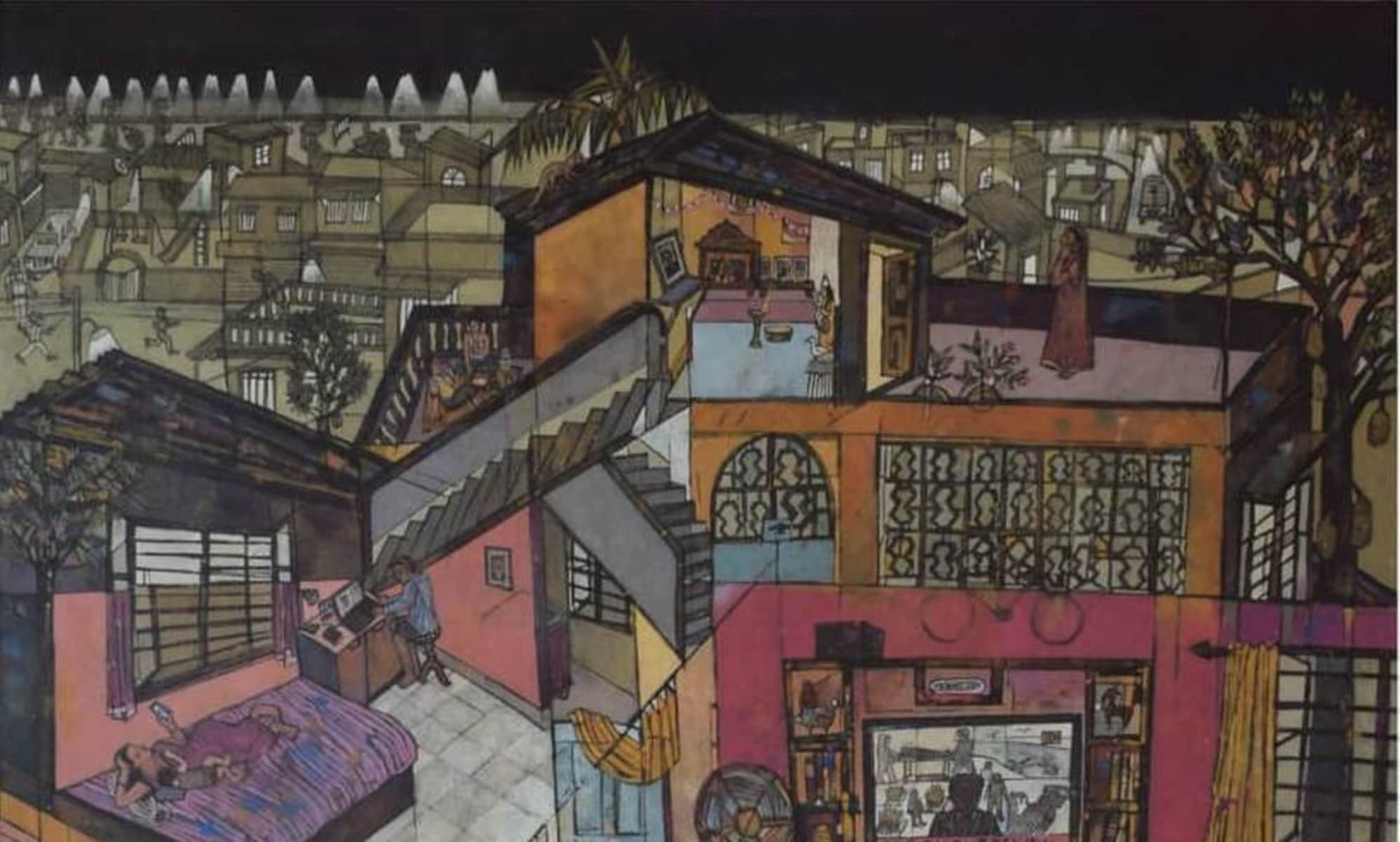 Subha Basu An Evening in Lockdown Tempera & Charcoal on rice Paper On Canvas 48 x 42 inches 2021