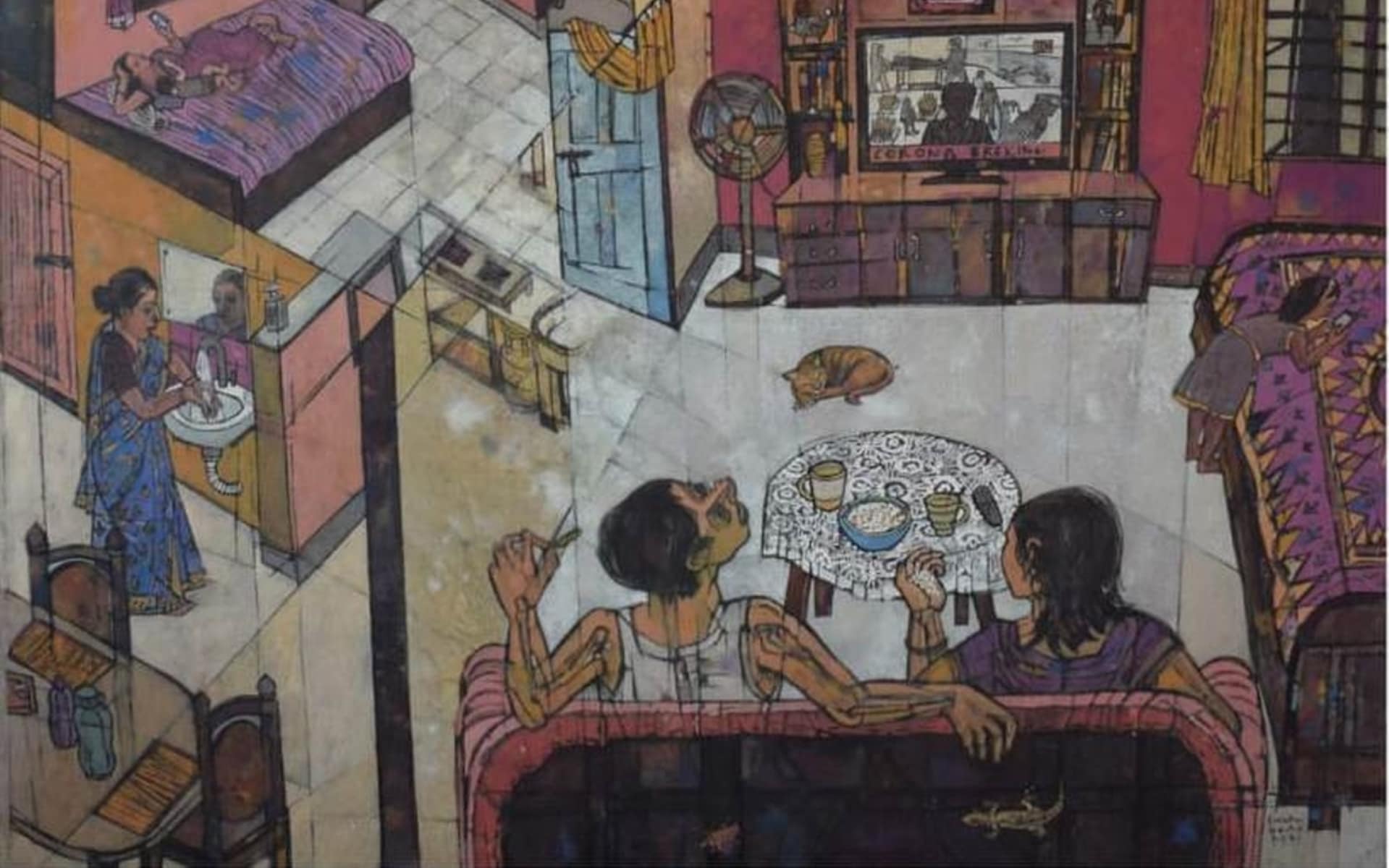 Subha Basu An Evening in Lockdown Tempera & Charcoal on rice Paper On Canvas 48 x 42 inches 2021