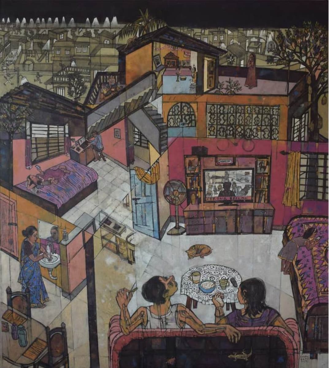 Subha Basu An Evening in Lockdown Tempera & Charcoal on rice Paper On Canvas 48 x 42 inches 2021