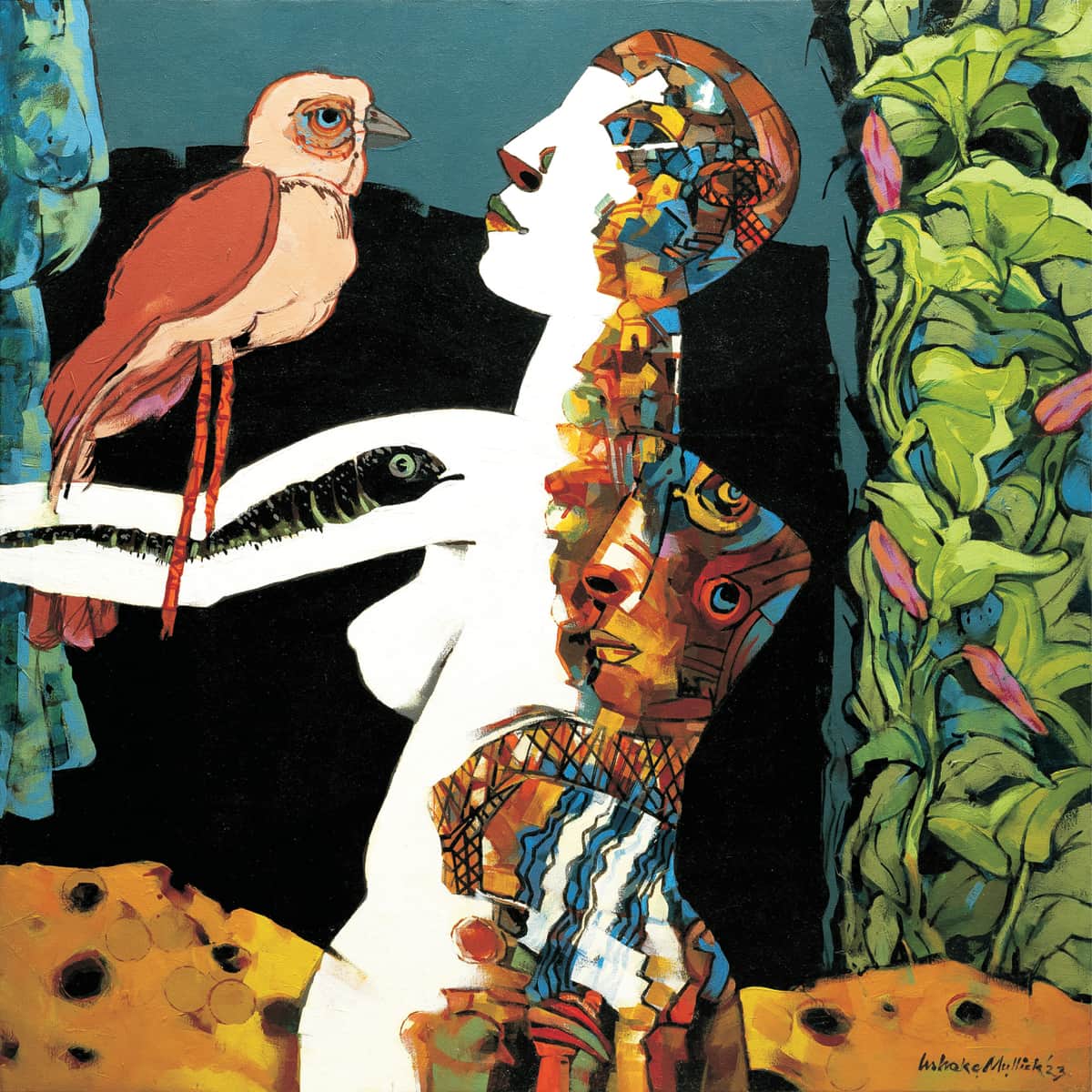 Ashoke Mullick Woman with Bird Acrylic on Canvas 30 x 30 inches 2023