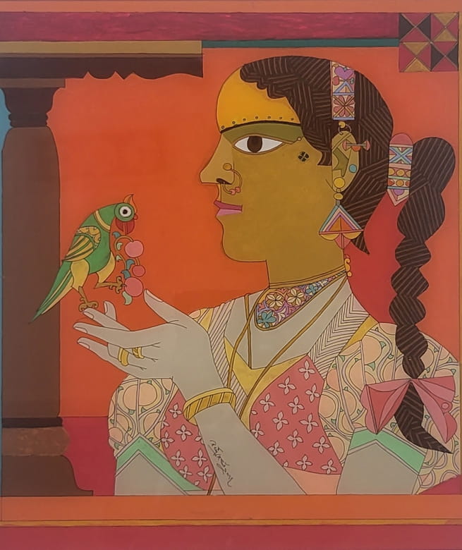 Laxma Goud Untitled ( Woman with the Parrot ) Acrylic on Reverse on Acrylic Sheet 19 x 14.5 inches 2016