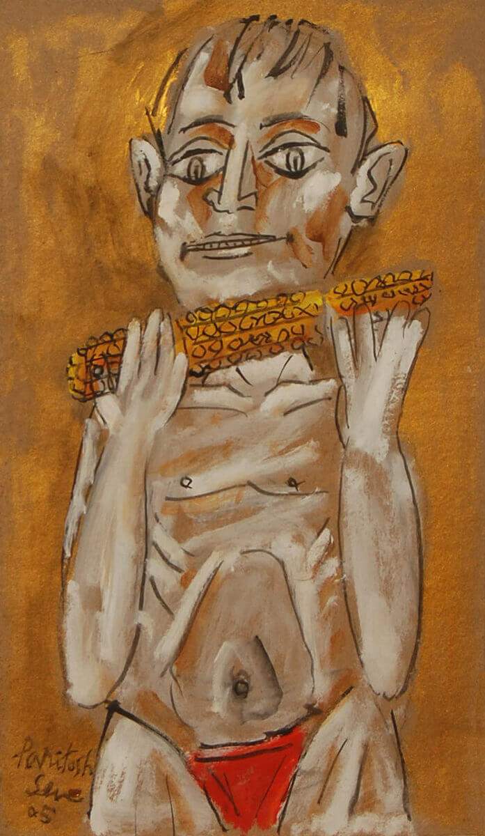 Paritosh Sen Boy Eating Corn Acrylic on Board 12x20 inches 2005