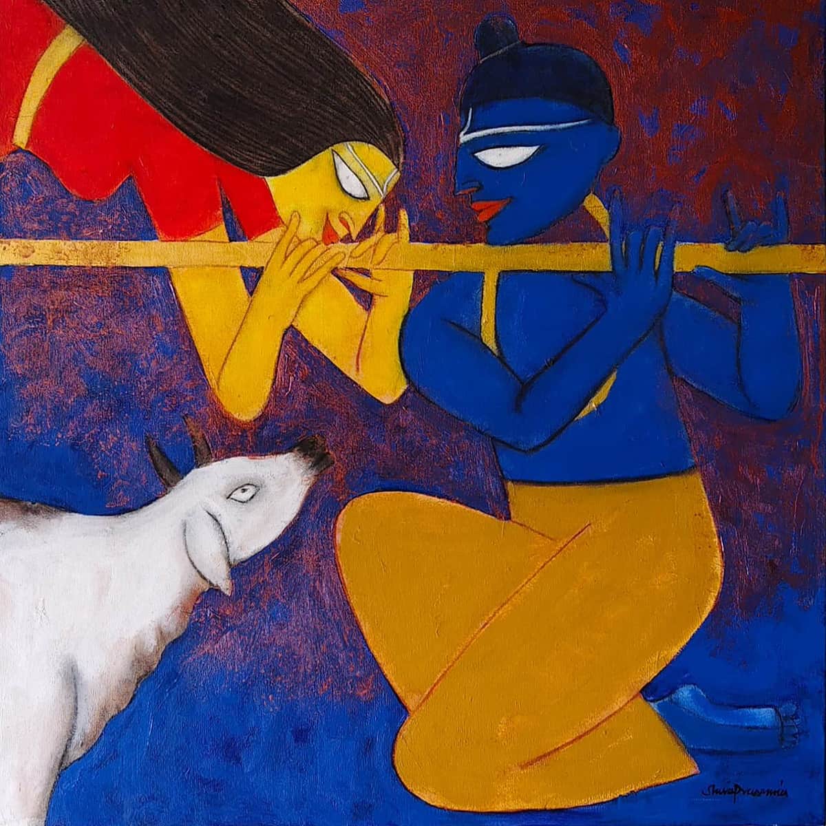 Shuvaprasanna Bhattacharya Golden Flute Acrylic on Canvas 30 x 30 inches